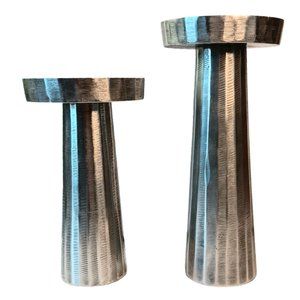 Silver Metal Black Etched Candleholders Set of Two Modern